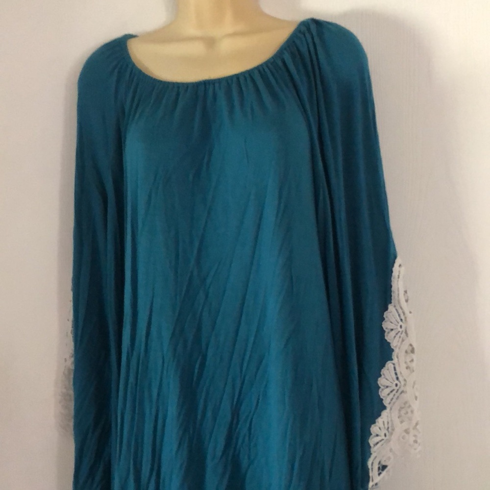 Woman’s bohemian fall blue embroidered crochet bell Sleeves eyelet tunic dress